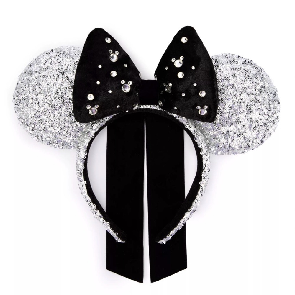 Disney Minnie Mouse Silver and Black Sequined Ears Headband Glitzy Rhinestones